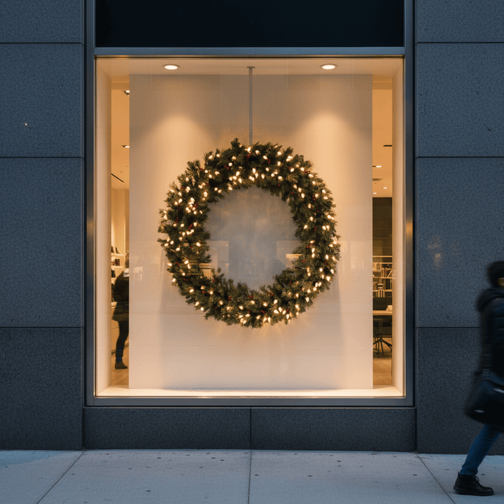 Decorative wreath with lights in a store window, people walking by.