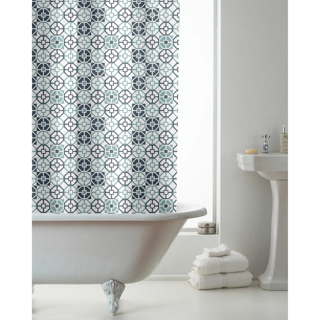 Teal Geometric Tile Pattern Shower Curtain With Hooks 180x180cm
