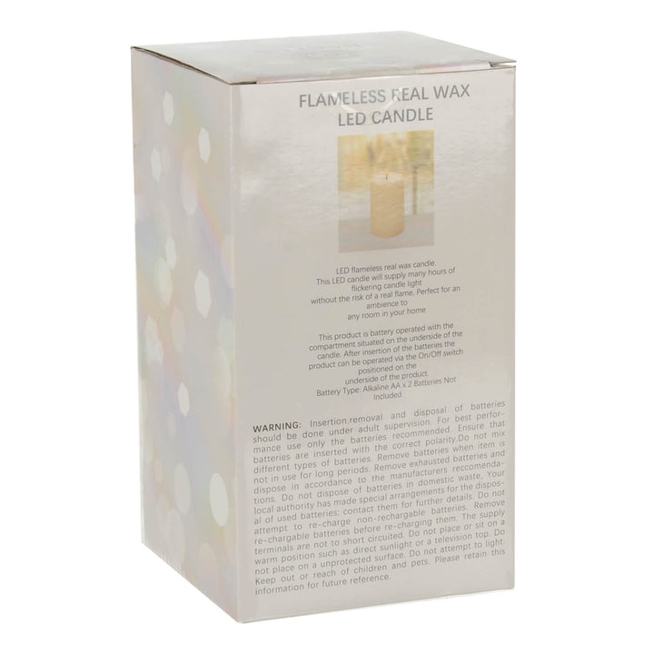 Back of the box of a flameless real wax LED candle