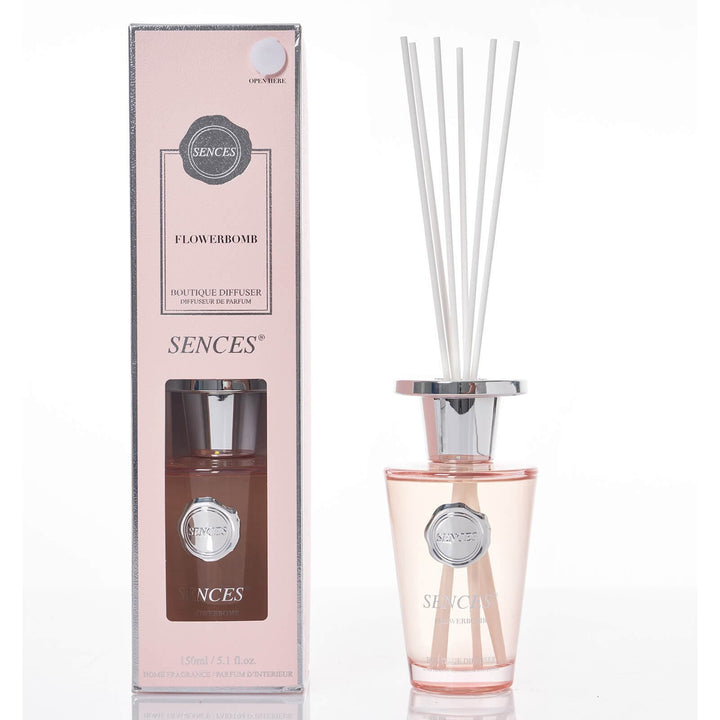 Sences Flowerbomb reed diffuser with packaging on a white background