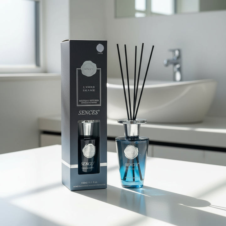 Sences L'Amour Sauvage reed diffuser bottle and packaging on a white background