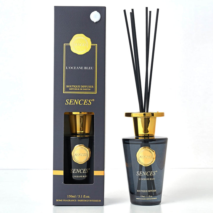 Sences L'oceane Bleu Reed diffuser with dark blue glass bottle, black reeds and gift box packaging
