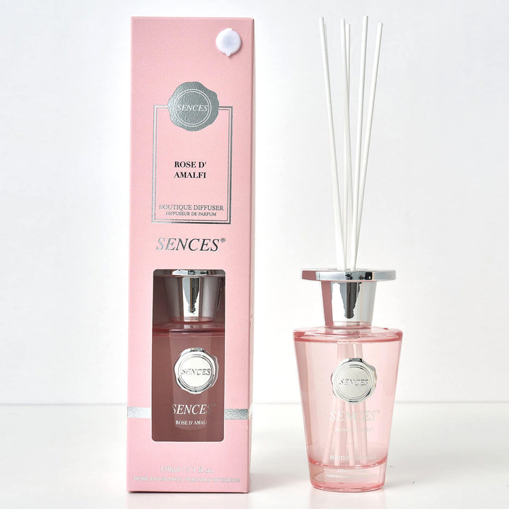 Sences Rose D'Amalfi Reed diffuser with pink glass bottle, white reeds and gift box packaging