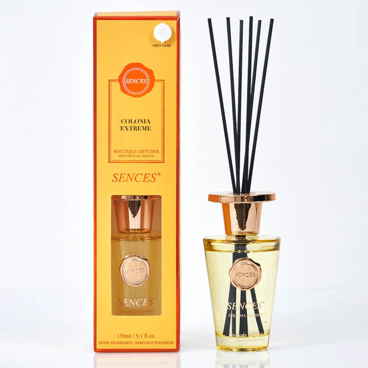 Sences Colonia Extreme Reed diffuser with pale yellow glass bottle, black reeds and gift box packaging