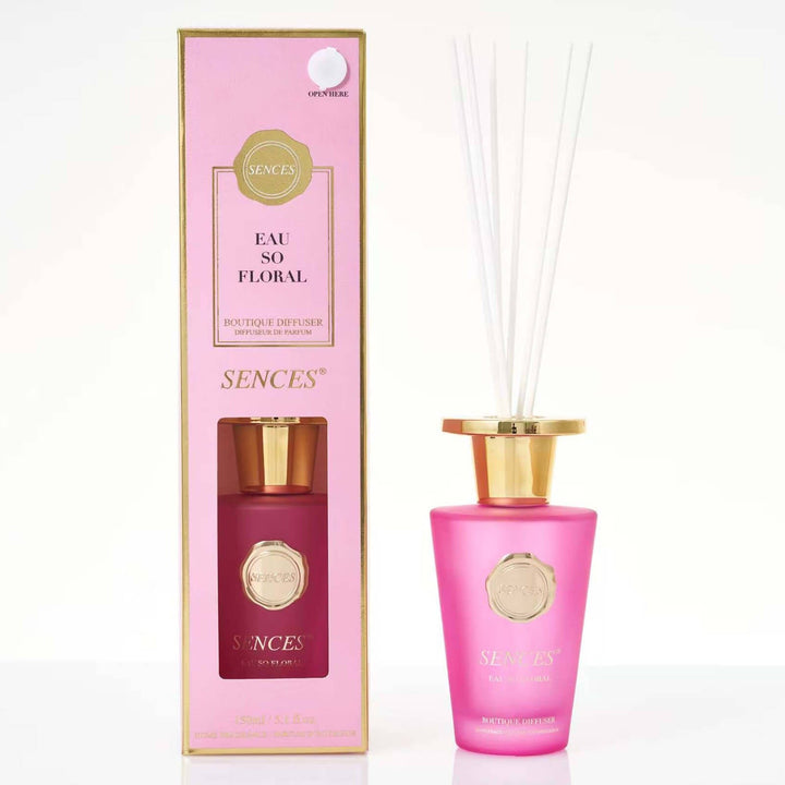 Sences Eau So Floral Reed diffuser with bright pink glass bottle, white reeds and gift box packaging