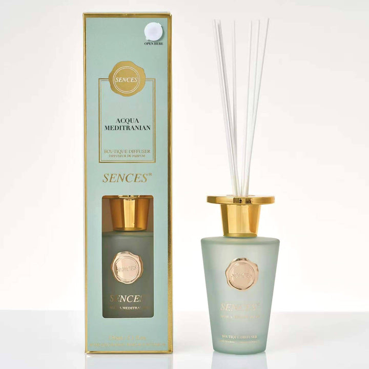 Sences Acqua Meditranian Reed diffuser with turquise glass bottle, white reeds and gift box packaging