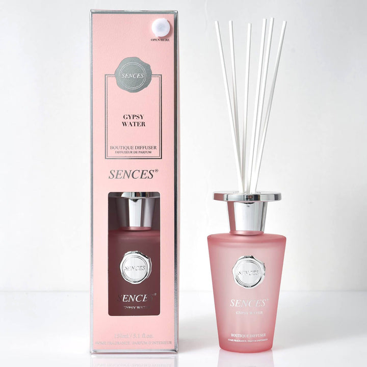 Sences Gypsy Water Reed diffuser with pink glass bottle, white reeds and gift box packaging
