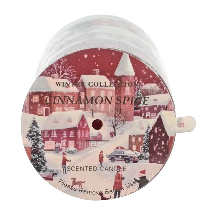 Cinnamon Spice scented candle packaging with winter scene design