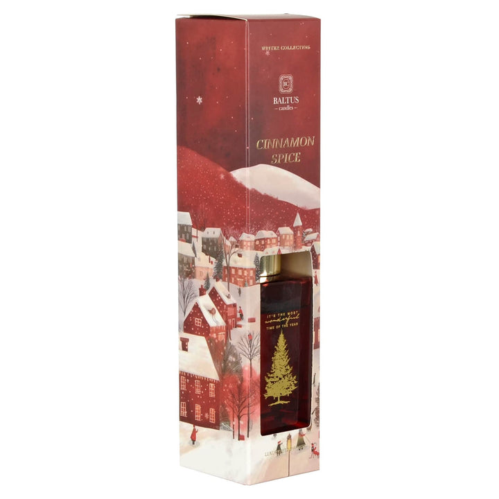 Baltus Cinnamon Spice luxury Christmas reed diffuser in a decorative box with a winter village design.