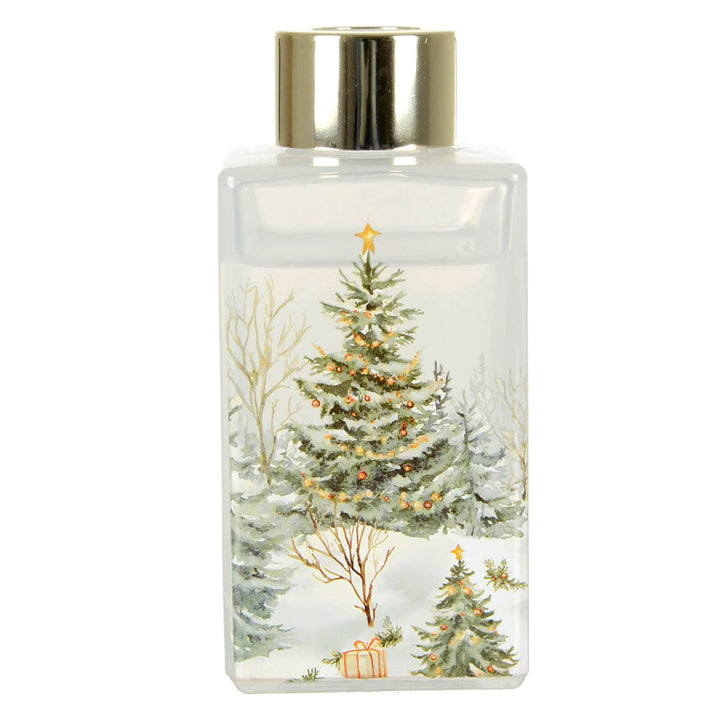 Reed diffuser reservoir bottle with Christmas tree design on a white background