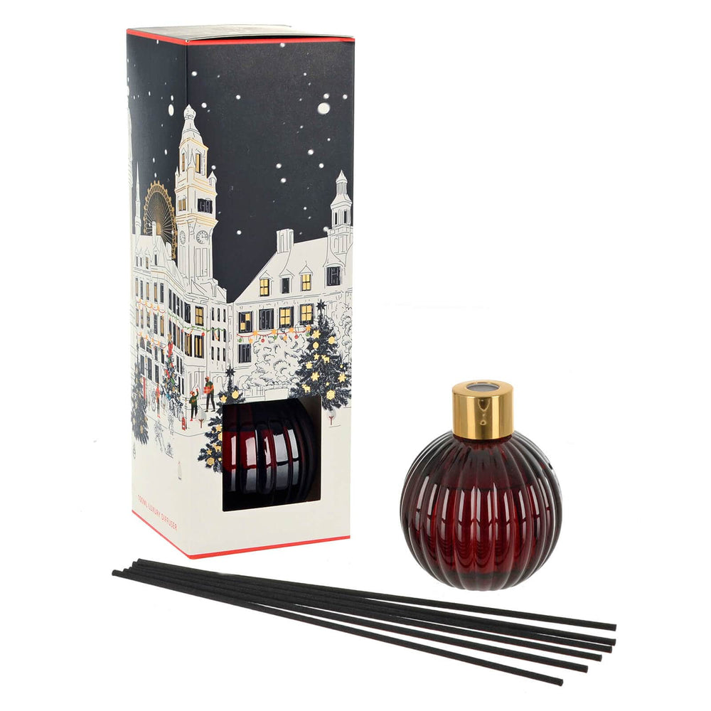 Dark red and gold bauble shape diffuser with black reeds and Christmas scene box packaging