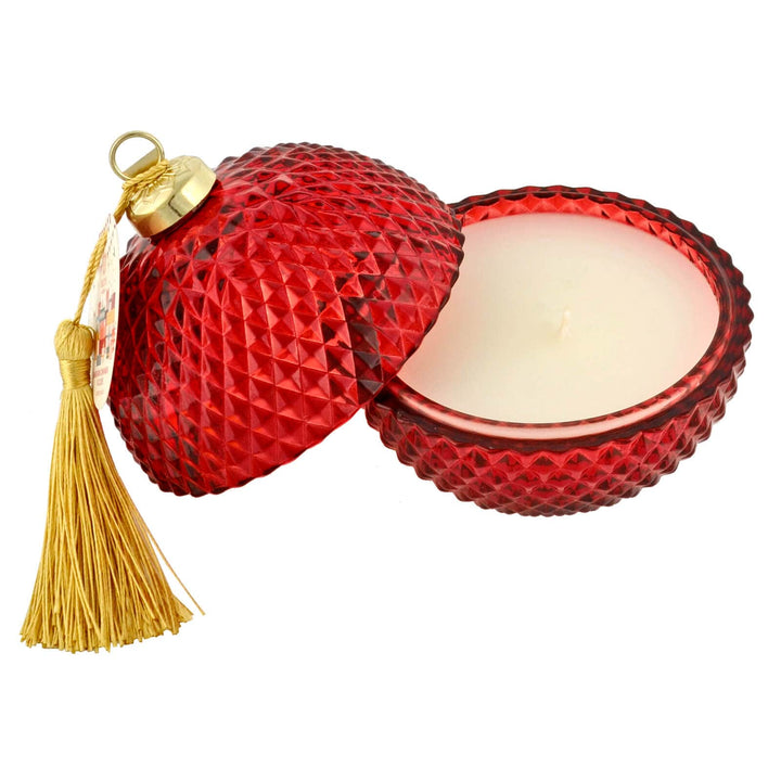 Red glass bauble Christmas candle with lid and gold tassel