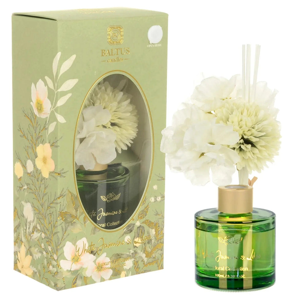 White Jasmine & Lilac scented reed diffuser with white faux flowers and green glass bottle