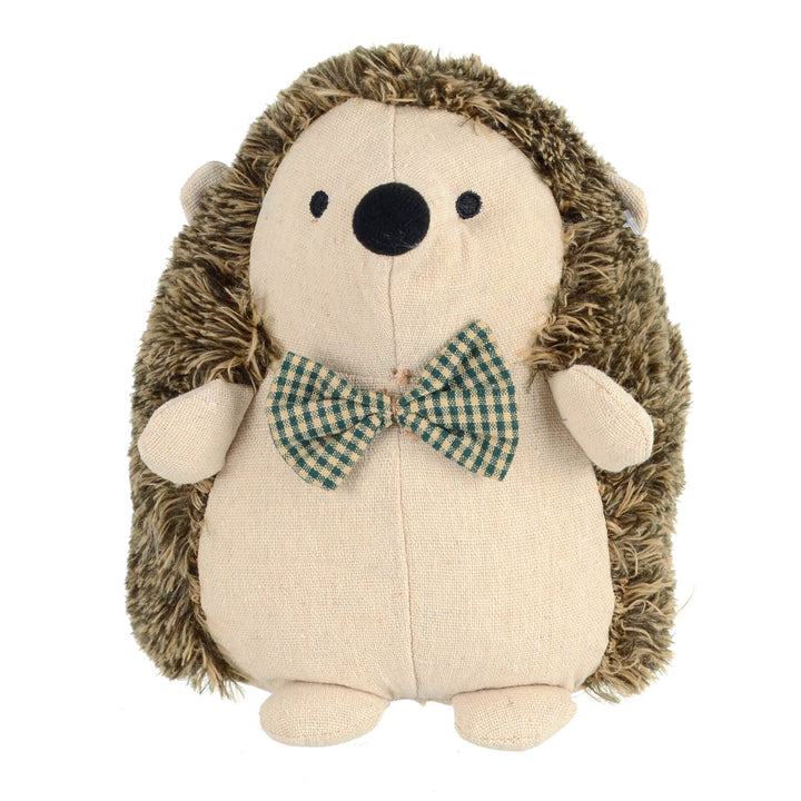 Plush hedgehog door stop with a checked bow tie on a white background