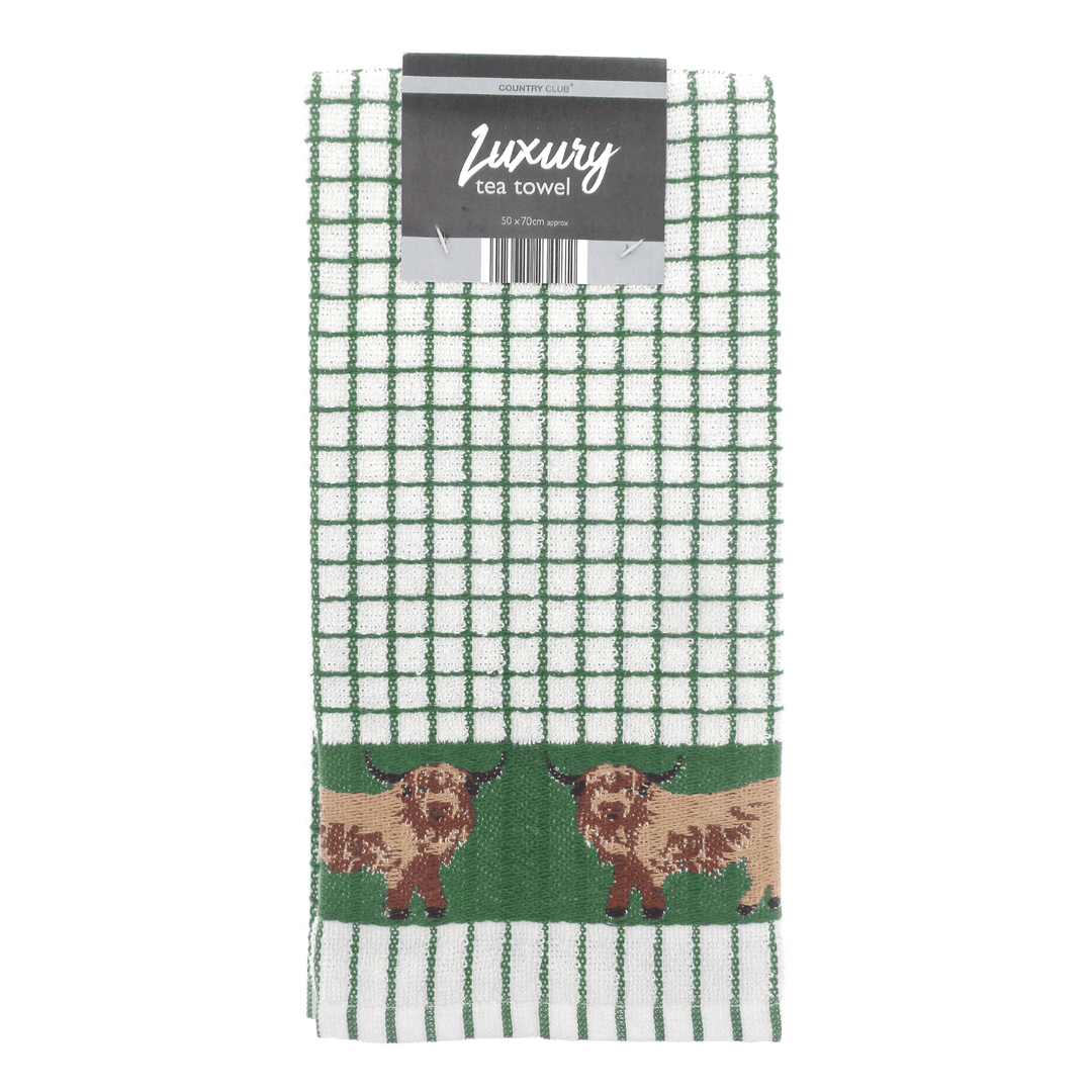 luxury tea towel featuring highland cow embroidered details