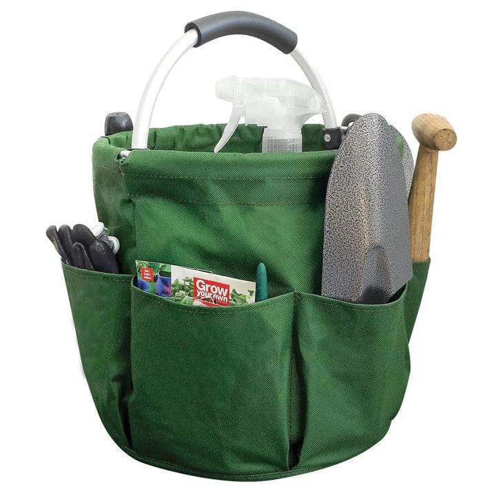 Green folding storage bag with side pockets filled with gardening accessories
