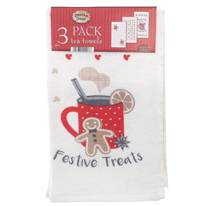 Pack Of 3 Christmas Tea Towels 100% Cotton Dish Drying Cloths