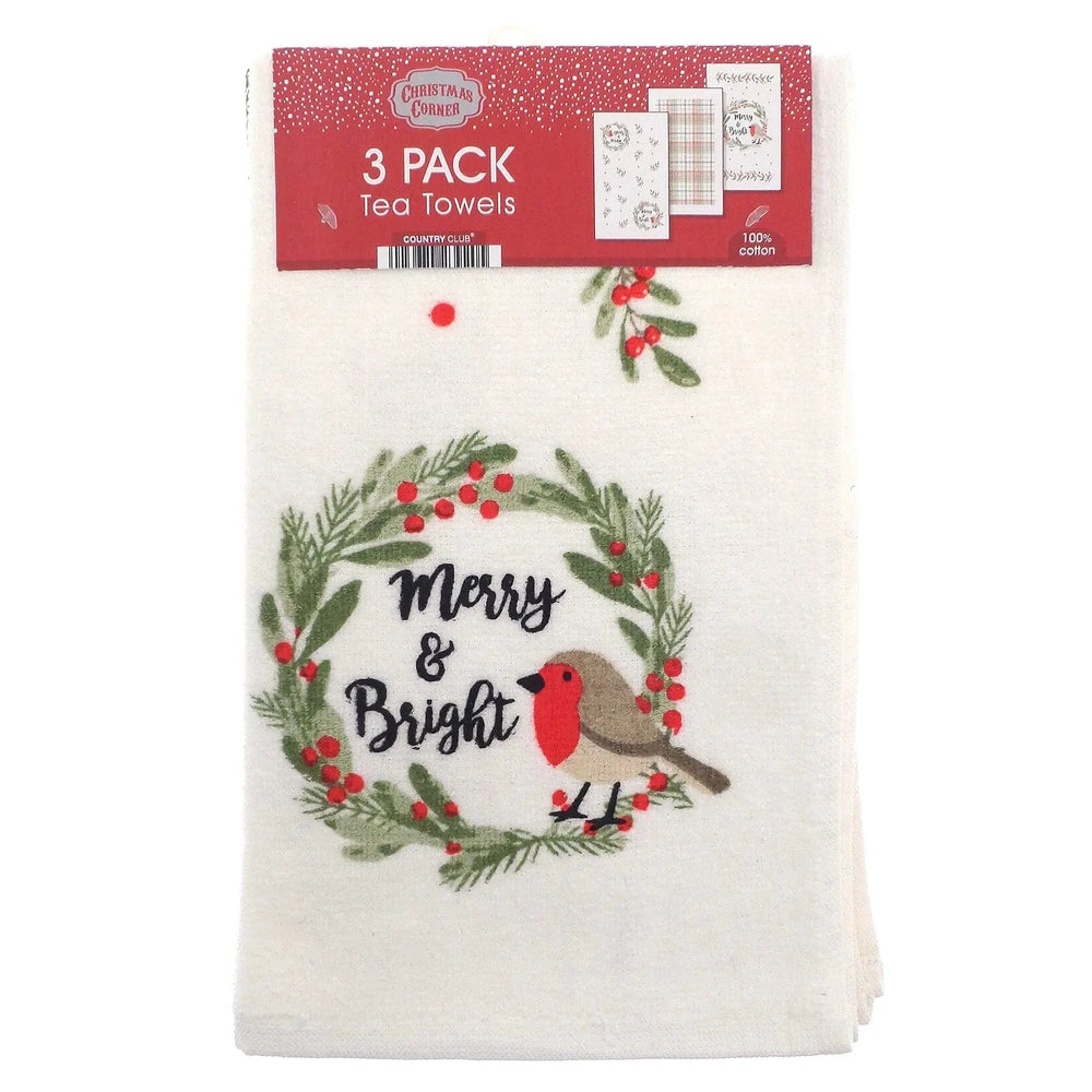 3 Pack of Christmas tea towels with Merry & Bright Robin design