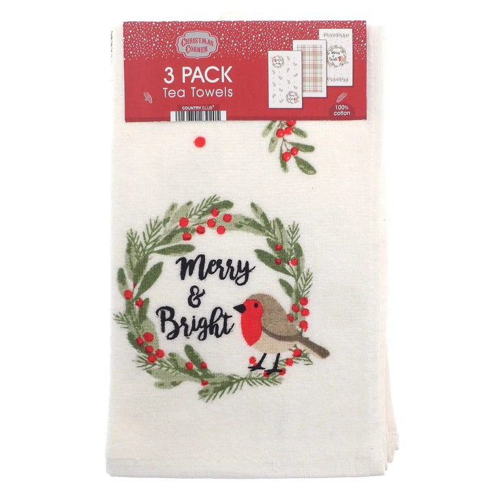 3 Pack of Christmas tea towels with Merry & Bright Robin design