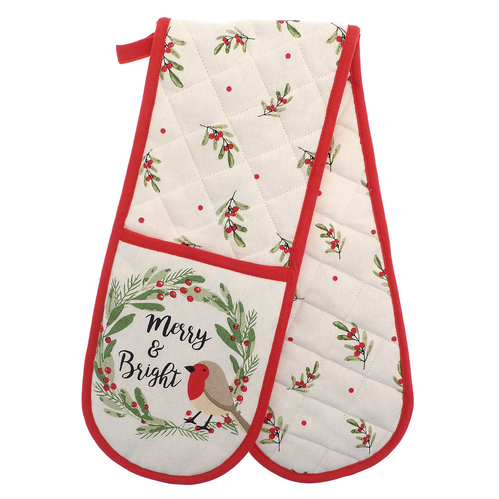 Christmas doubel oven glove with Robin and Merry & Bright slogan