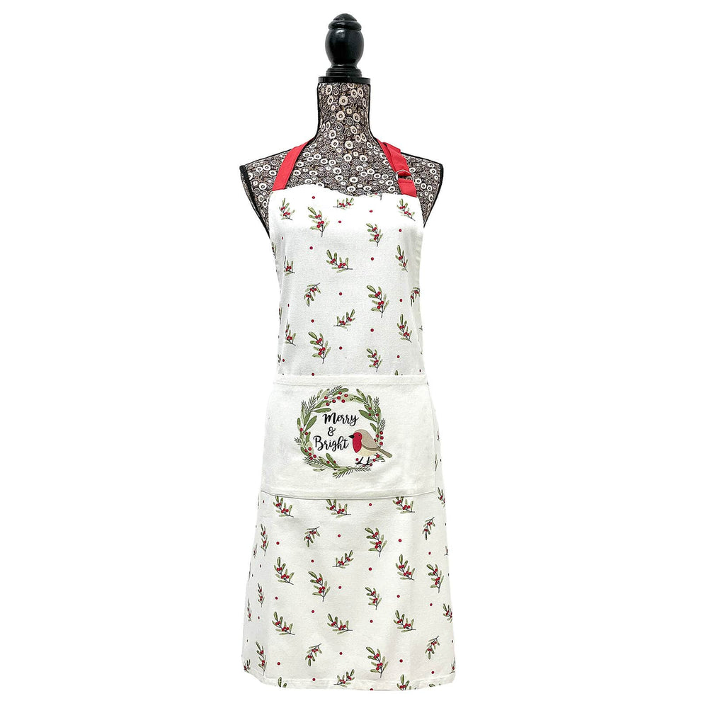 Christmas apron with robin and wreath with berries design