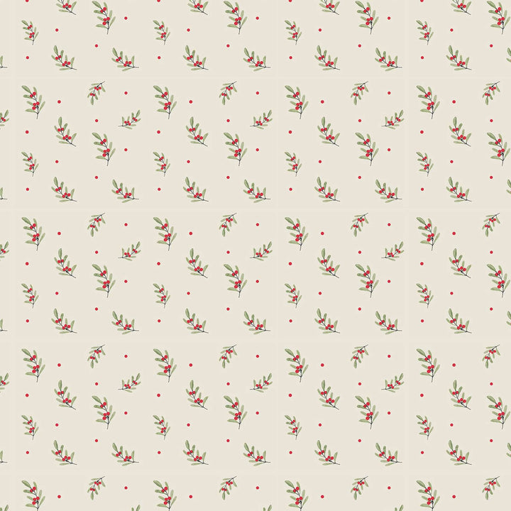 Pattern of small red berries and green leaves on a beige background