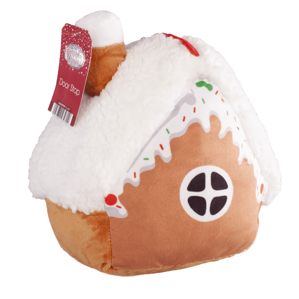 back view of door stop with red and green sprinkles and icing design, small rounded window with red christmas corner, country club branded hang tag