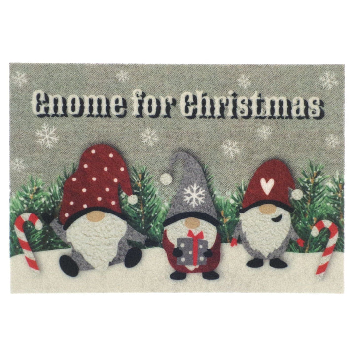 Decorative mat with Christmas-themed gnomes and candy canes on a snowy background with 'gnome for christmas' slogan