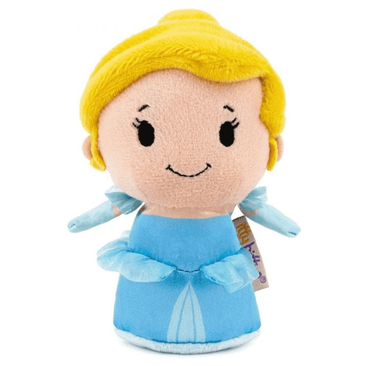 cinderella itty bittys Plush toy with yellow hair and blue dress on a white background