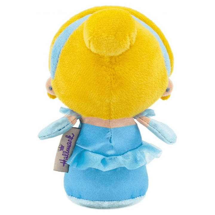 back view of cinderella itty bittys plush with yellow hair, blue dress and hallmark label