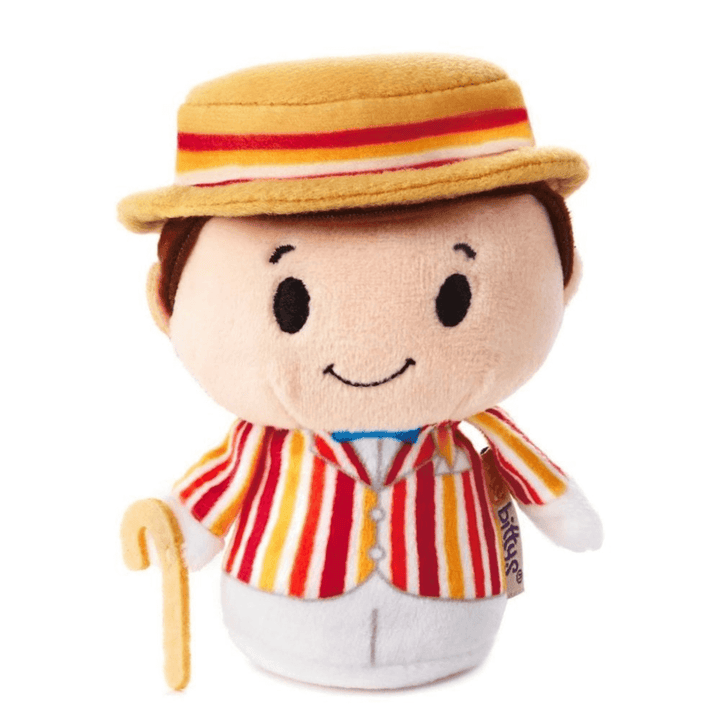 bert from mary poppins plush itty bittys soft toys wearing red and orange striped coat and matching hat with cane prop