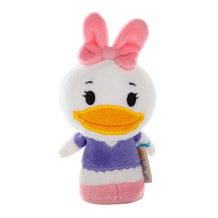 daisy duck plush soft toy with pink bow and itty bittys label on white background