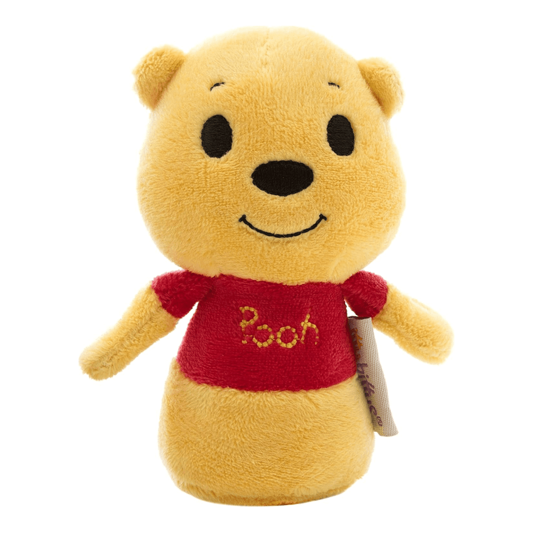 Plush toy bear wearing a red shirt with 'Pooh' text on a white background