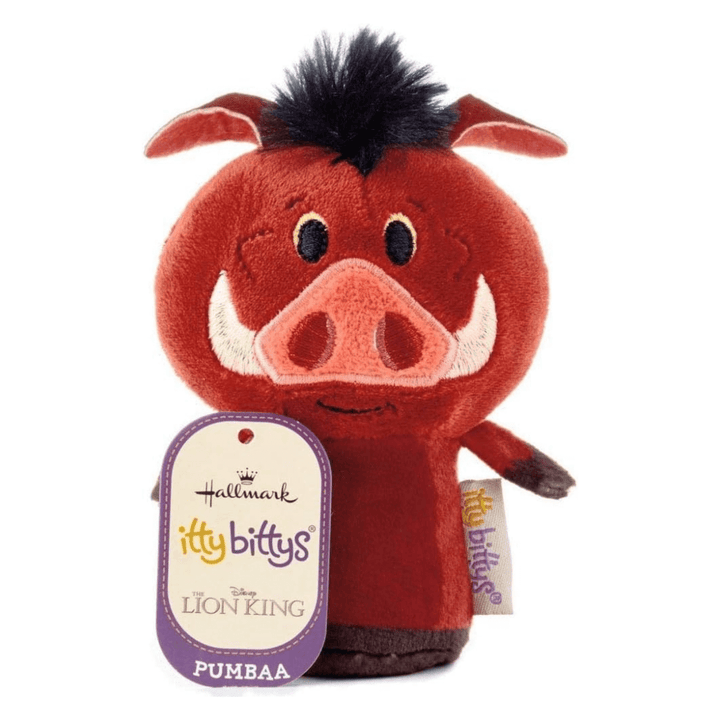 Plush toy of Pumbaa from The Lion King with Hallmark itty bittys tag on a white background