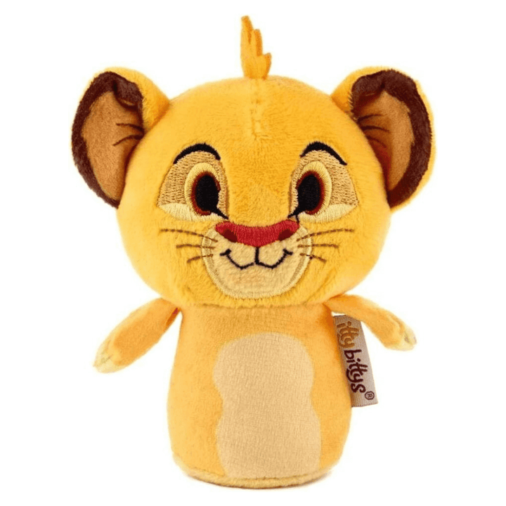 Plush toy of a lion character simba with a tag on a white background