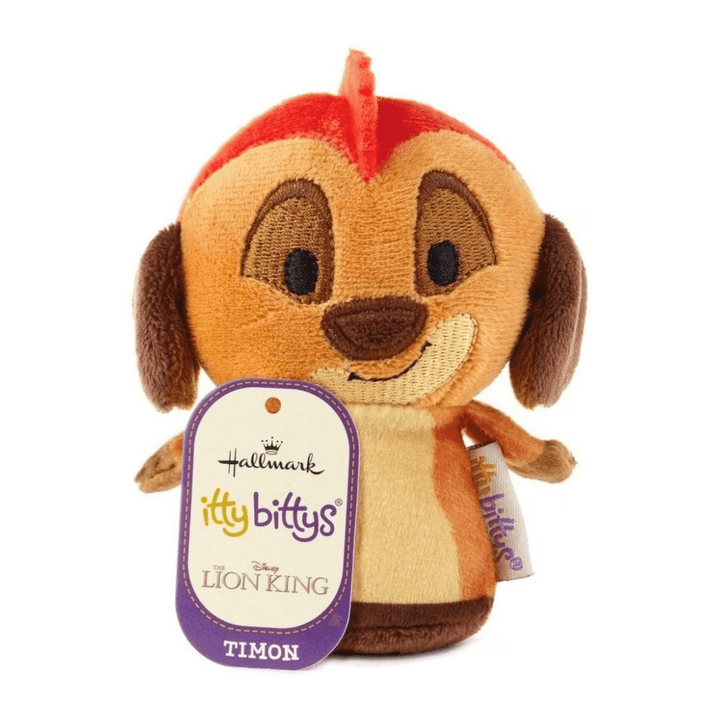 Plush toy of Timon from The Lion King with a Hallmark itty bittys tag on a white background