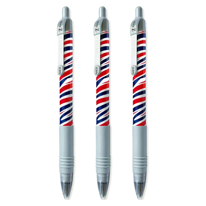Set of 3 Z-Grip Zebra ballpoint pens with red white and black zebra pattern