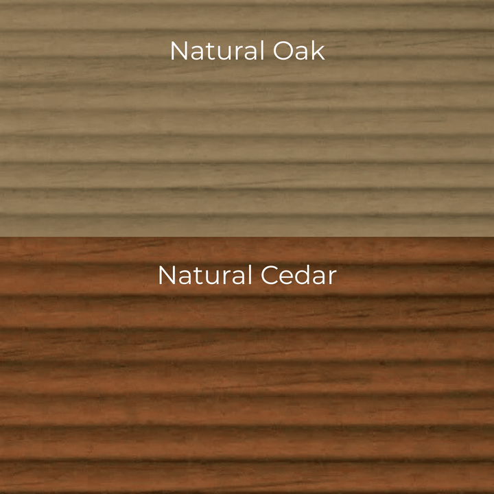 Two wood swatches labeled 'Natural Oak' and 'Natural Cedar' on a wooden background.