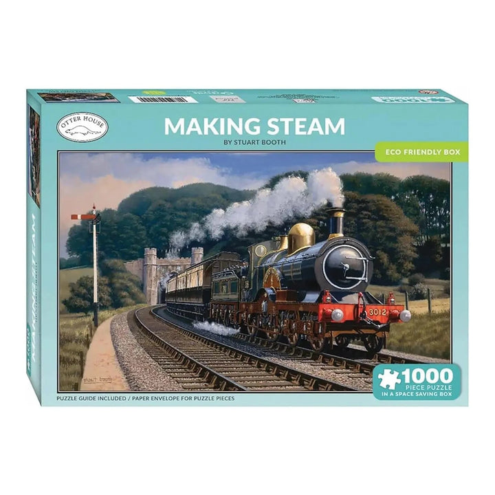Making Steam train scene 1000 piece Otter House jigsaw puzzle in the box