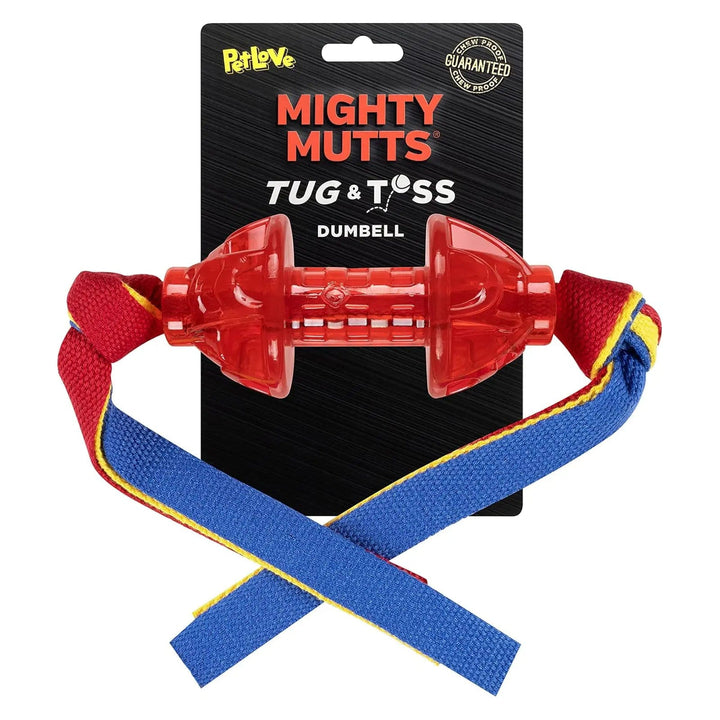 Packaging for red dumbbell shape dog toy with coloured straps for tug of war or fetch games