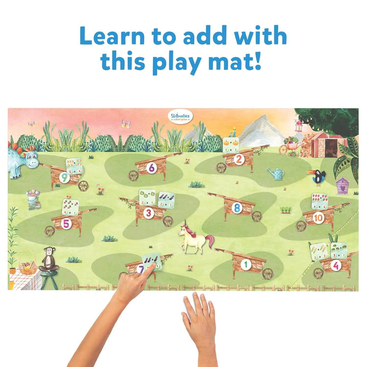 Large play mat for kids learning to add and count carts of fruit and vegetable