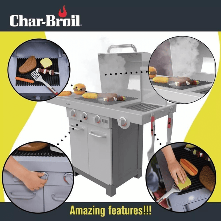 detailed graphic showed different product features with real smoke effect, turning grill knobs, bbq tools and food