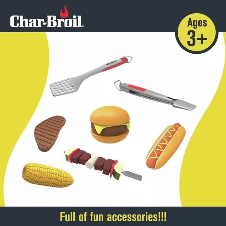 graphic showing included accessories such as bbq tongs, bbq spatula, pretend steak, burger, hot dog, skewer and corn on the cob