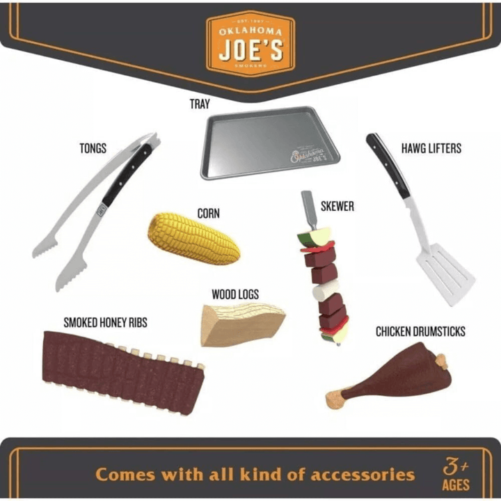 graphic shows accessories included in set includes branded tray, tongs, hawg lifters, skewer, corn, wood logs, smoked honey ribs and chicken drumsticks