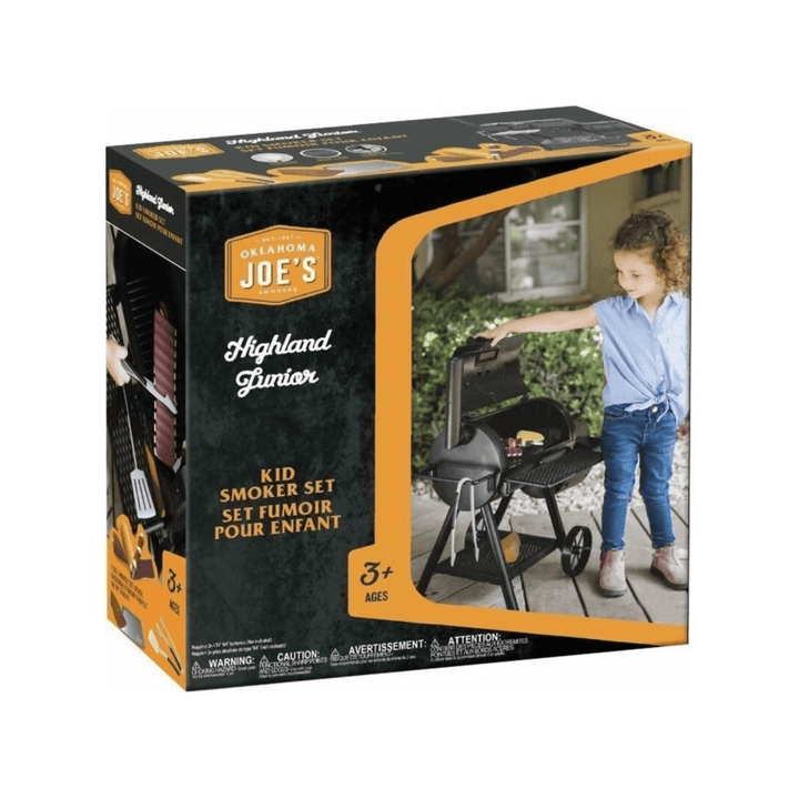 oklahoma joe's kids smoker bbq set in black and orange cardboard box with graphics of bbq in use on front