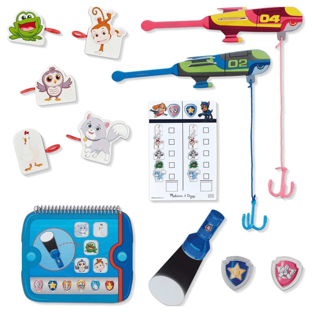 included in the play set is wooden character blocks with hook loops, airplanes with fishing style hooks, chase and skye badges, activity sheet and flashlight