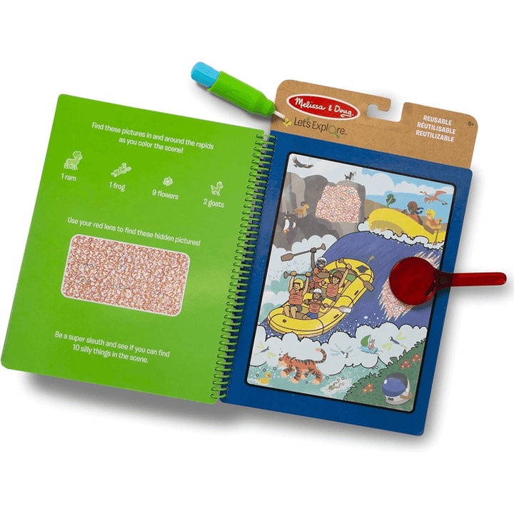 detail shot of acitivity book interior with outdoor scene completed with water pen and additional puzzles on the second page to seek and find