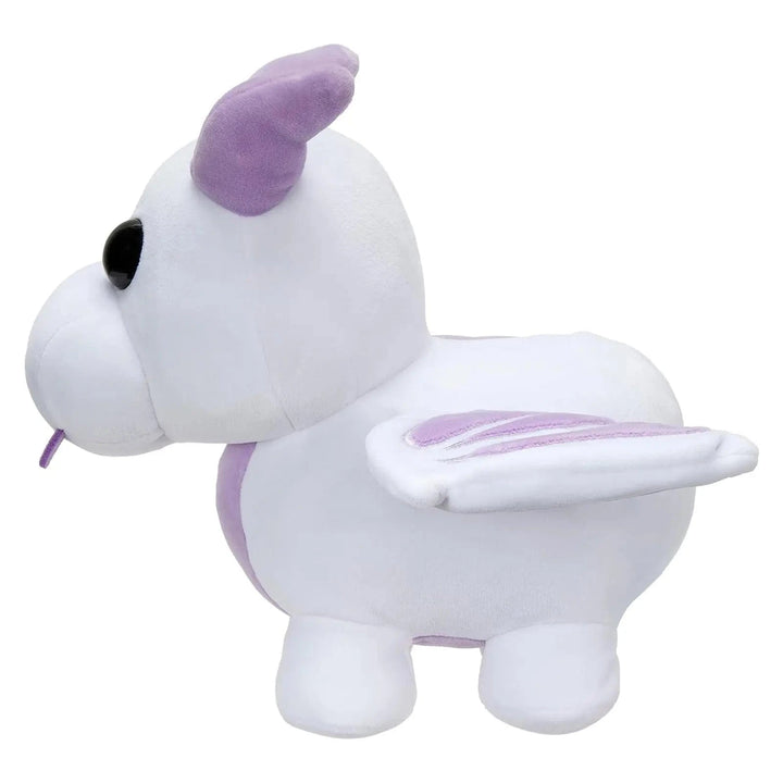 Side view of a white and lavender dragon soft plush toy animal
