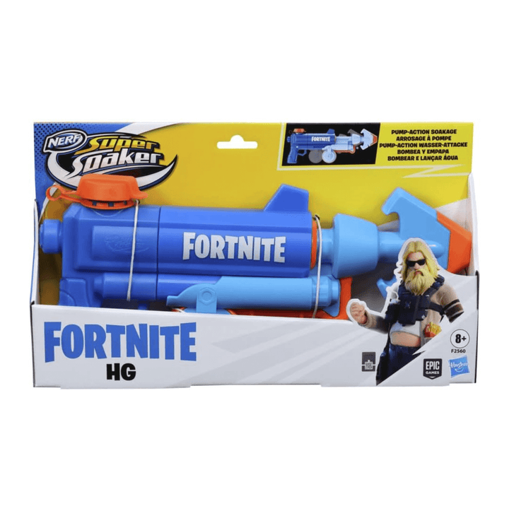 fortnite nerf super soaker in packaging with fortnite character on the front with suitable for ages 8+ warning