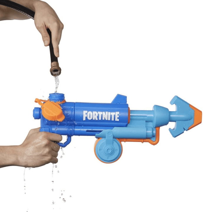 person uses hose to fill up water tank on blue fortnite water blaster gun